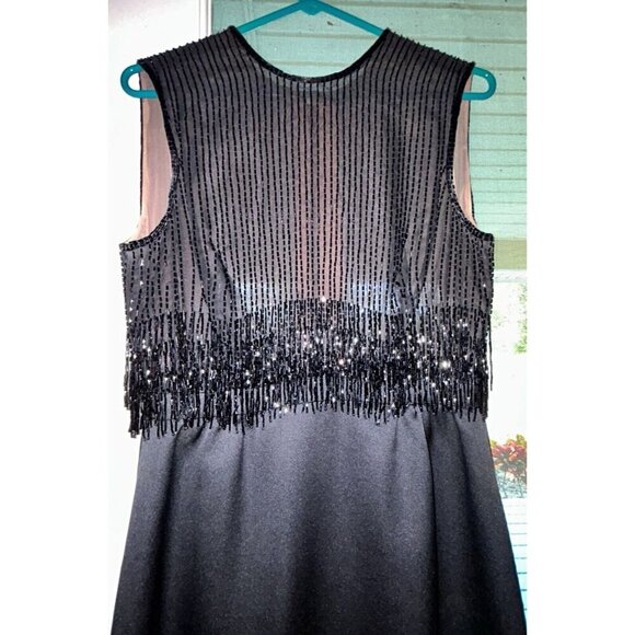 Evening Gown Long Black Beaded Bodice and Fringe, Sleeveless Dress Women’s 8-10 - Picture 2 of 15